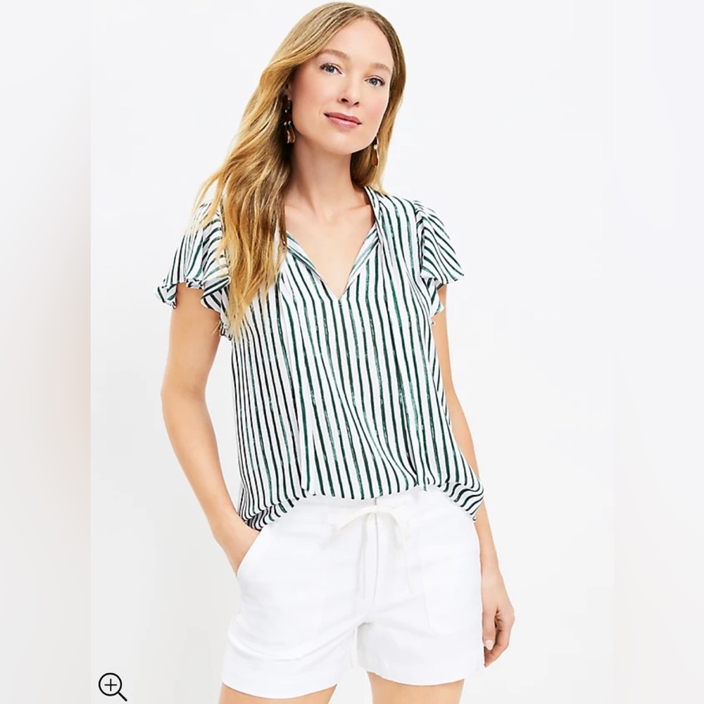 LOFT Striped Mixed Media Flutter Sleeve Blouse